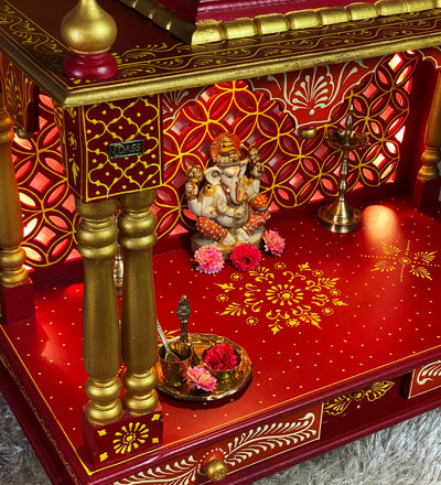 RED Hand Painted Big Wooden LED Pooja Mandir - D'DASS Store