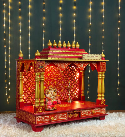 RED Hand Painted Big Wooden LED Pooja Mandir - D'DASS Store