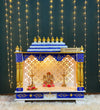 White Blue Hand Painted Big Wooden LED Pooja Mandir