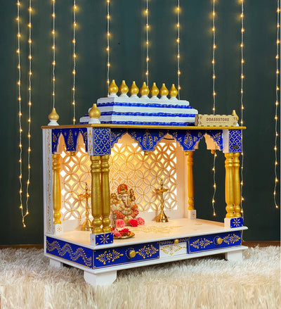 White Blue Hand Painted Big Wooden LED Pooja Mandir - D'DASS Store