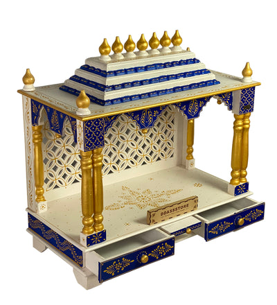 White Blue Hand Painted Big Wooden LED Pooja Mandir - D'DASS Store