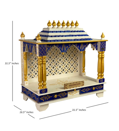 White Blue Hand Painted Big Wooden LED Pooja Mandir - D'DASS Store