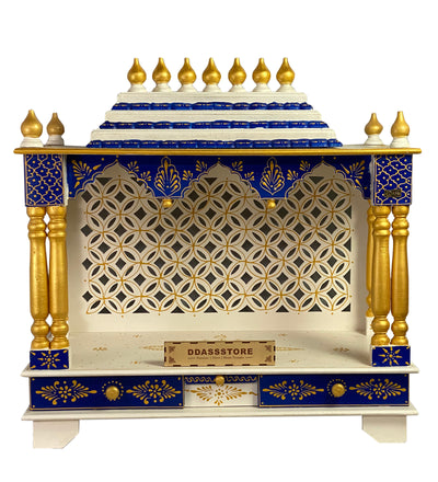 White Blue Hand Painted Big Wooden LED Pooja Mandir - D'DASS Store