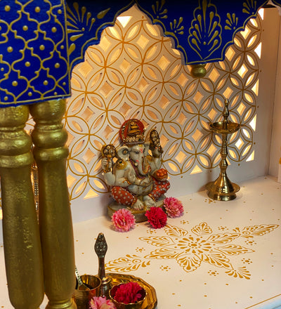 White Blue Hand Painted Big Wooden LED Pooja Mandir - D'DASS Store