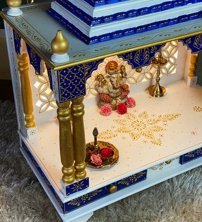White Blue Hand Painted Big Wooden LED Pooja Mandir - D'DASS Store