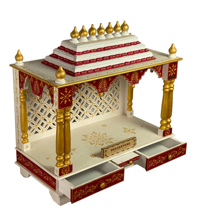 White Red Hand Painted Big Wooden LED Pooja Mandir - D'DASS Store