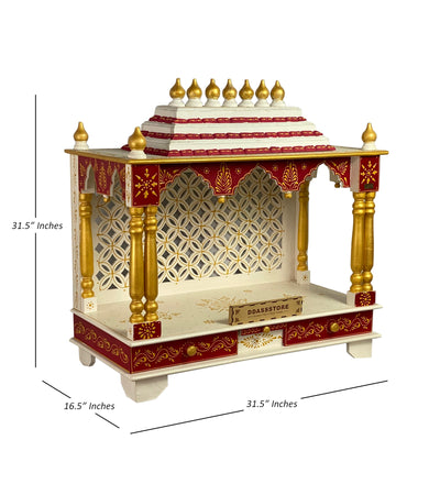 White Red Hand Painted Big Wooden LED Pooja Mandir - D'DASS Store