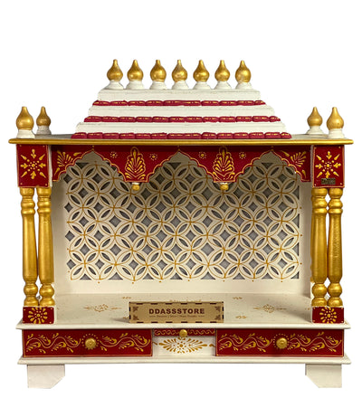 White Red Hand Painted Big Wooden LED Pooja Mandir - D'DASS Store