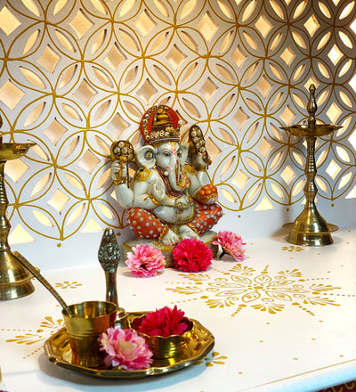White Red Hand Painted Big Wooden LED Pooja Mandir - D'DASS Store