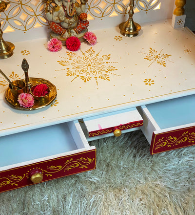 White Red Hand Painted Big Wooden LED Pooja Mandir - D'DASS Store