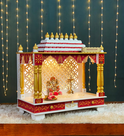 White Red Hand Painted Big Wooden LED Pooja Mandir - D'DASS Store