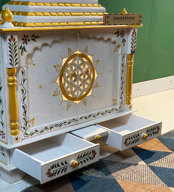 Handpainted Sheesham MDF Wooden Pooja Mandir with Gopuram | DDASSWT3218WGD - D'DASS Store