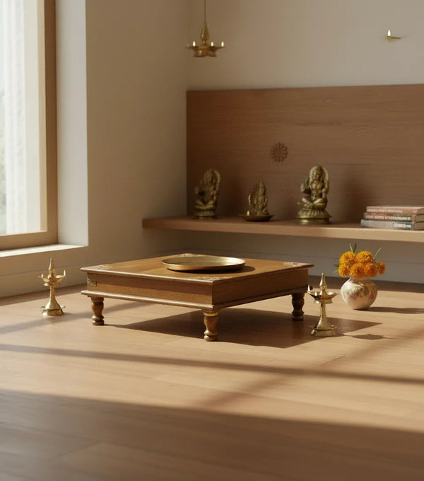 18" Handpainted Solid wood Pooja Chowki & Bajot For Home & Office | DDASSBJT132_Wood_Handpainted - D'DASS Store