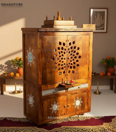 Hand Painted Solid Sheesham Wood Pooja Mandir with Door | DDASSWTSolid-34 - D'DASS Store