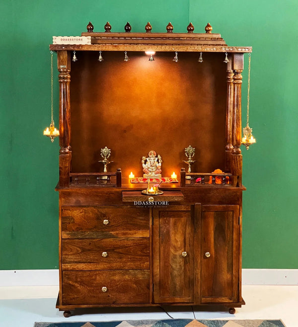 Sri Laxmi South Indian Style Solid Sheesham Wood Pooja Mandir | DDASSWTSOLID-39 - D'DASS Store