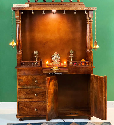 Sri Laxmi South Indian Style Solid Sheesham Wood Pooja Mandir | DDASSWTSOLID-39 - D'DASS Store