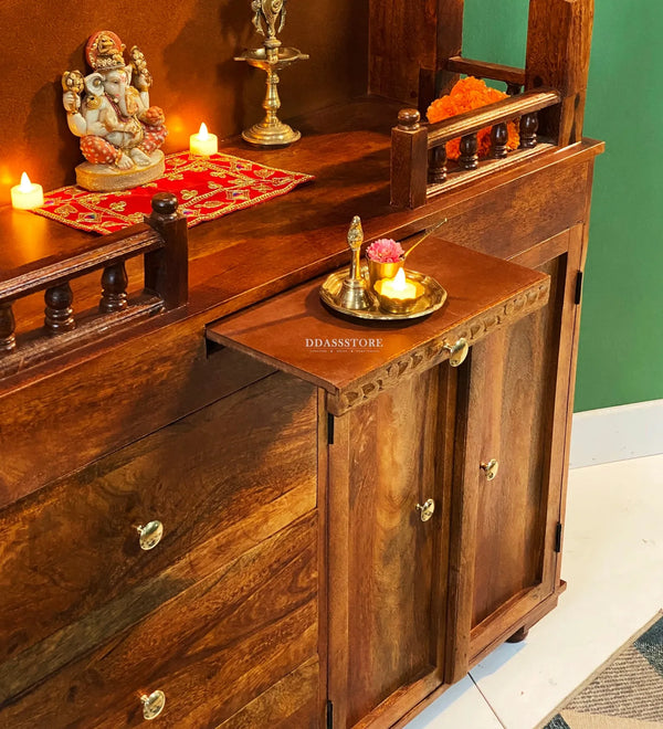 Sri Laxmi South Indian Style Solid Sheesham Wood Pooja Mandir | DDASSWTSOLID-39 - D'DASS Store