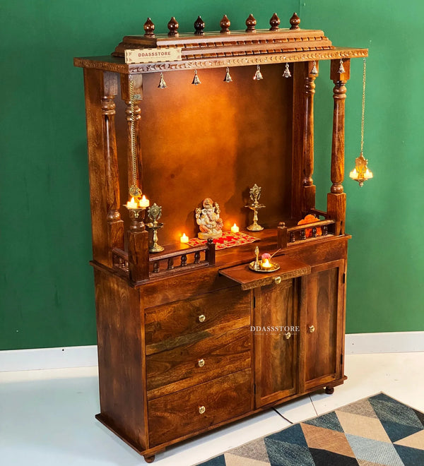 Sri Laxmi South Indian Style Solid Sheesham Wood Pooja Mandir | DDASSWTSOLID-39 - D'DASS Store