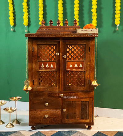Rajlaxmi South Indian Style Solid Sheesham Wood Pooja Mandir | DDASSWTSOLID43 - D'DASS Store