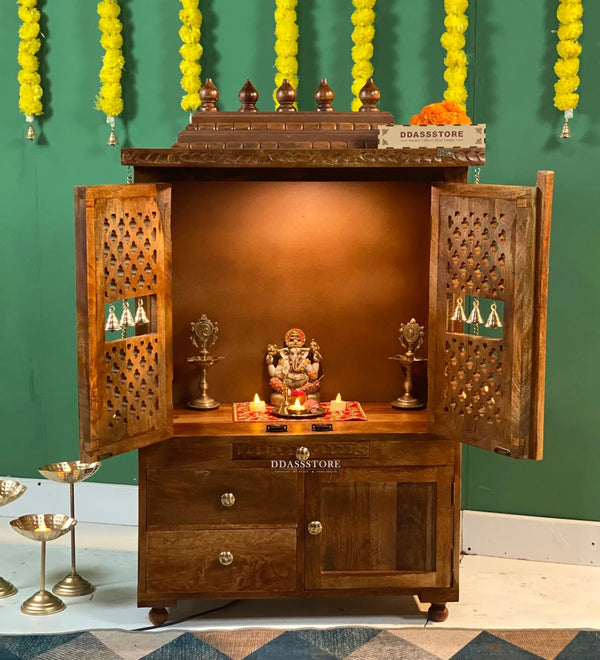 Rajlaxmi South Indian Style Solid Sheesham Wood Pooja Mandir | DDASSWTSOLID43 - D'DASS Store