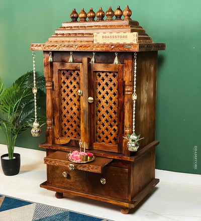 Sri Laxmi Solid Wooden Pooja Mandir and Mandap with Gopuram - D'DASS Store