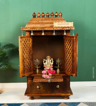 Sri Laxmi Solid Wooden Pooja Mandir and Mandap with Gopuram - D'DASS Store