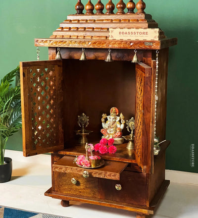 Sri Laxmi Solid Wooden Pooja Mandir and Mandap with Gopuram - D'DASS Store