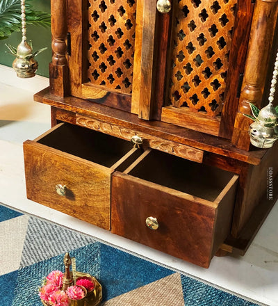 Sri Laxmi Solid Wooden Pooja Mandir and Mandap with Gopuram - D'DASS Store