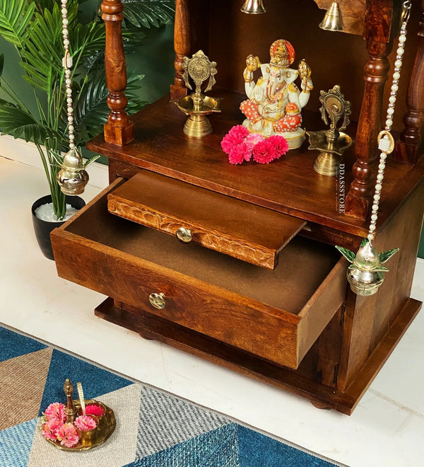 Sri Meenakshi Solid Wooden Pooja Mandir and Mandap with Gopuram - D'DASS Store