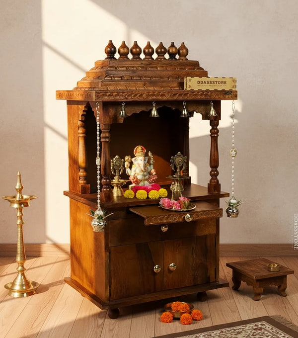 Sri Meenakshi Solid Wooden Pooja Mandir and Mandap with Gopuram - D'DASS Store