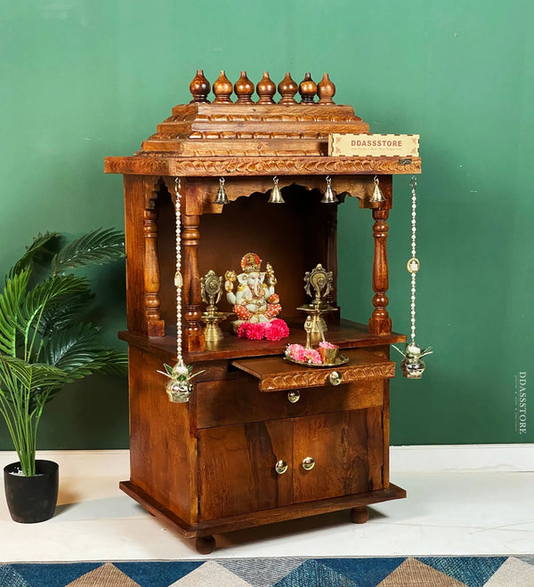 Sri Meenakshi Solid Wooden Pooja Mandir and Mandap with Gopuram - D'DASS Store