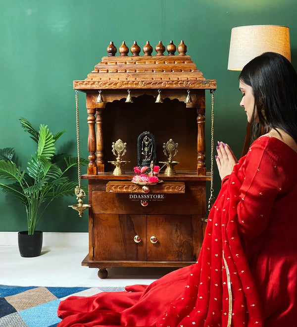 Sri Meenakshi Solid Wooden Pooja Mandir and Mandap with Gopuram - D'DASS Store