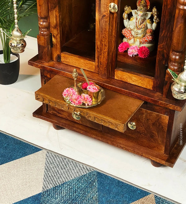 Sri Saraswati Solid Wooden Pooja Mandir and Mandap with Gopuram - D'DASS Store