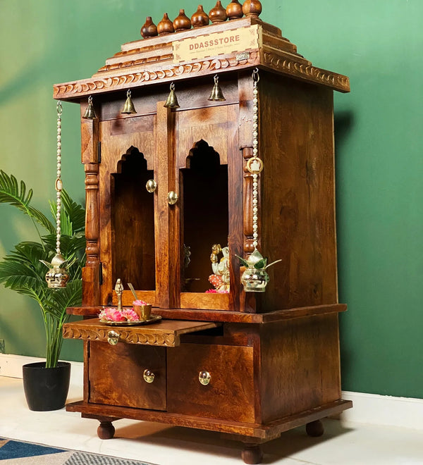 Sri Saraswati Solid Wooden Pooja Mandir and Mandap with Gopuram - D'DASS Store