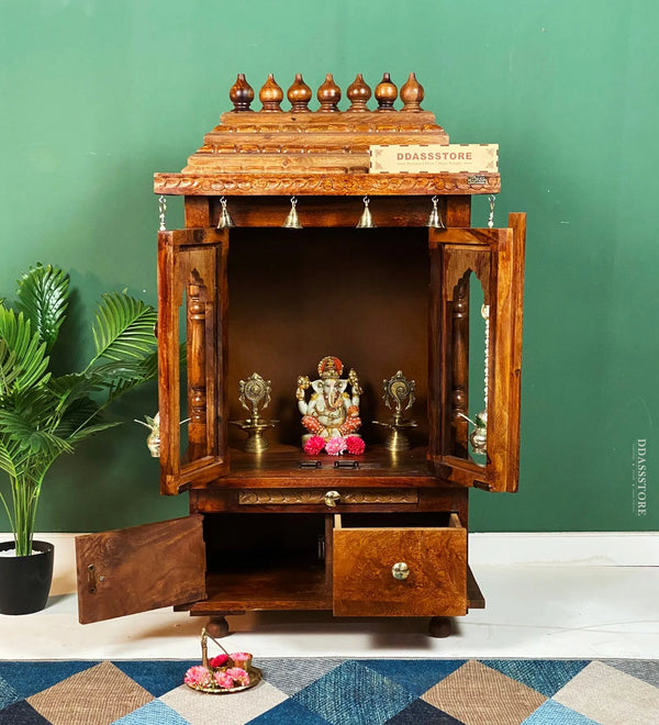 Sri Saraswati Solid Wooden Pooja Mandir and Mandap with Gopuram - D'DASS Store