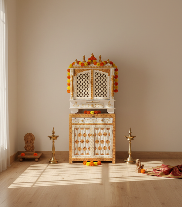 Wooden Pooja Temple & Puja Mandap with Cabinet for Home | WT2412Cabinet_RGD