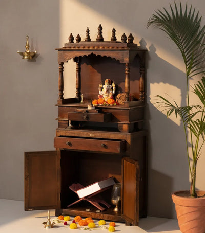 Wooden Pooja Temple & Puja Mandap with Cabinet for Home | WT2412Cabinet_DIST_P