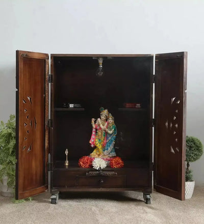 Dark Polish MDF Sheesham Big Wooden Pooja Cabinet With Door For Home &Office