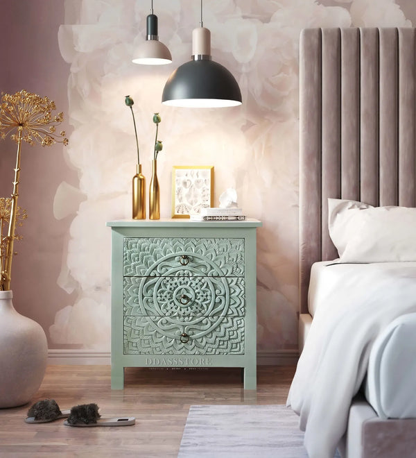 Distressed Green Solid wood HandCarved Bedside Table for Bed