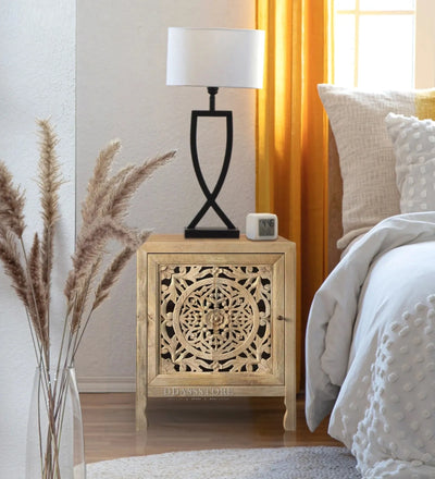 Distressed Green Solid wood HandCarved Bedside Table for Bed