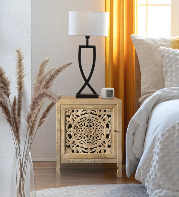 Distressed Green Solid wood HandCarved Bedside Table for Bed