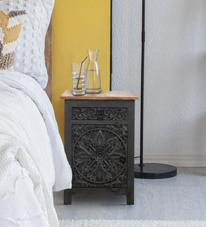 Distressed Grey Solid wood HandCarved Bedside Table for Bed