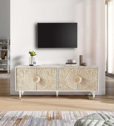 Distressed Natural Solid wood HandCarved TV cabinet with Storage for Living Room