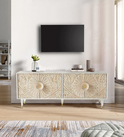 Distressed Natural Solid wood HandCarved TV cabinet with Storage for Living Room