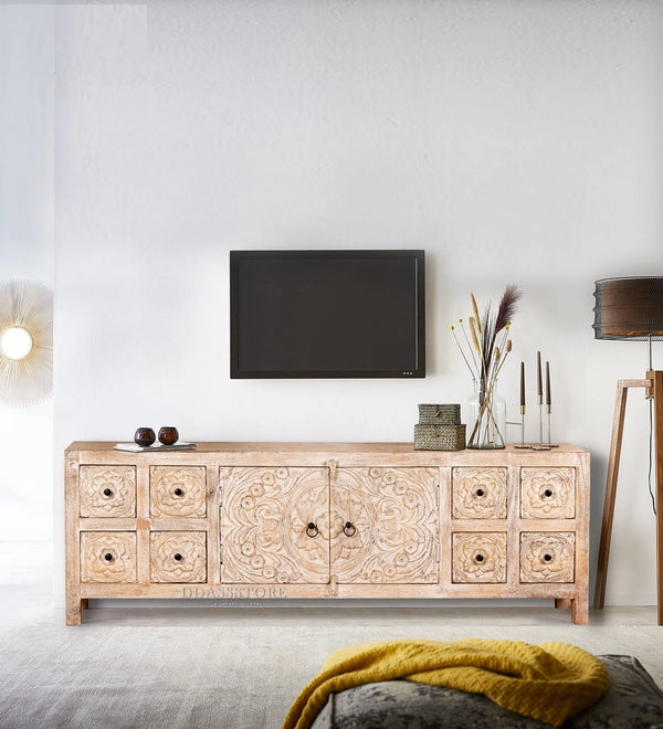 Distressed Rustic Solid wood HandCarved TV cabinet with Storage