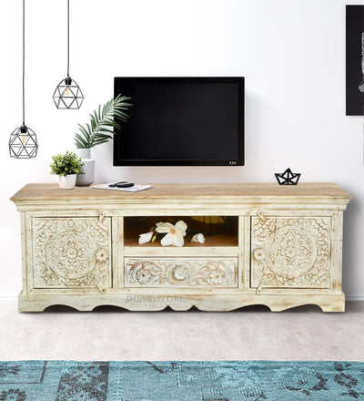 Distressed Rustic Solid wood HandCarved TV cabinet with Storage for Living Room