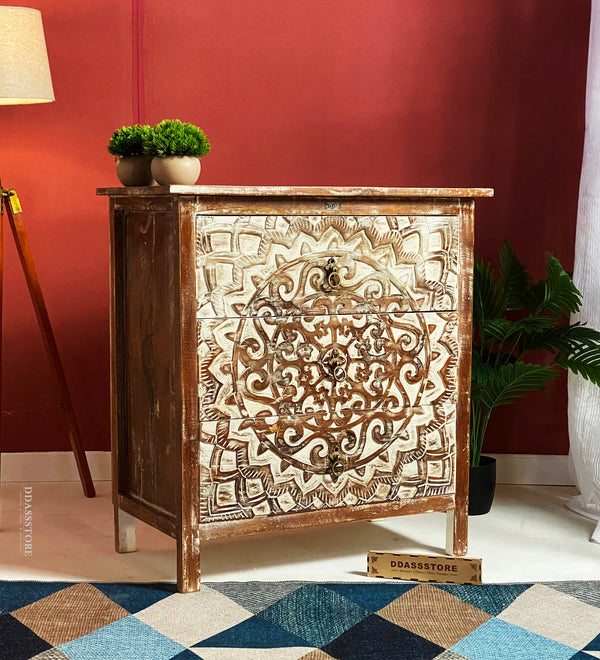 Distressed Solid wood HandCarved Bedside Table for Bed