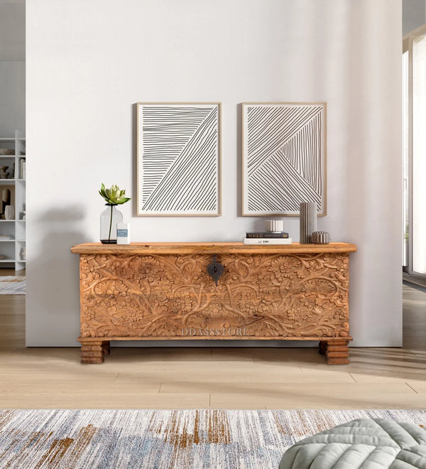 Distressed Solid wood HandCarved Decorative Wooden Trunk & Storage Box
