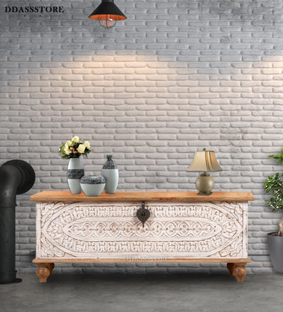 Distressed Solid wood HandCarved Decorative Wooden Trunk & Storage Box