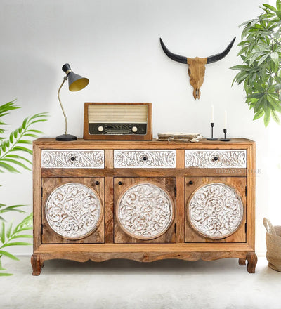 Distressed White Solid wood HandCarved Console & Side Table